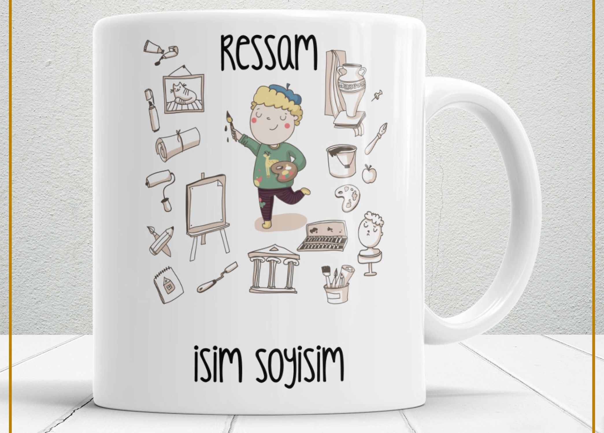 RESSAM TEMALI PORSELEN KUPA BARDAK,HEDİYELİK,YÜKSEK KALİTE,MESLEKLER TEMALI