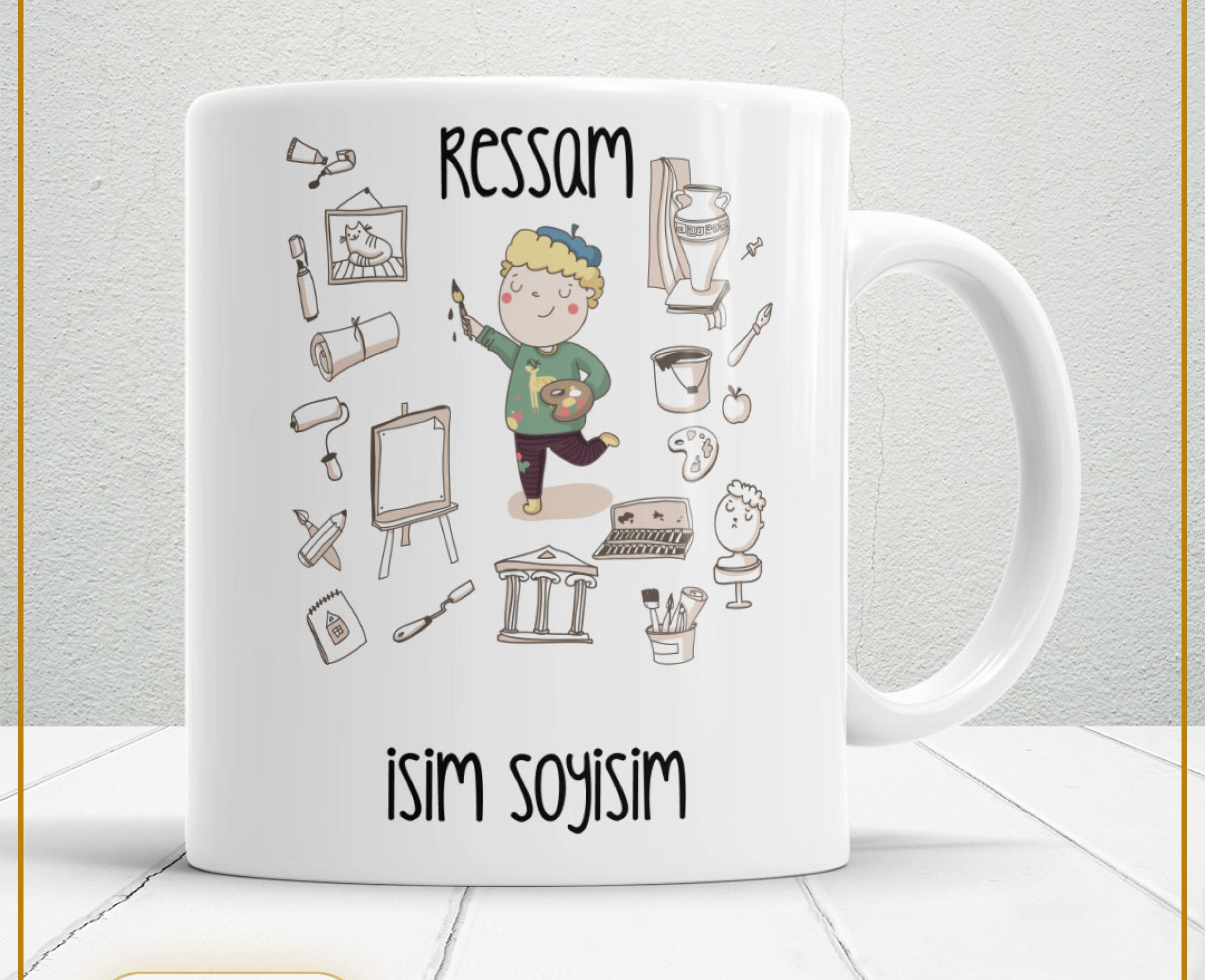 RESSAM TEMALI PORSELEN KUPA BARDAK,HEDİYELİK,YÜKSEK KALİTE,MESLEKLER TEMALI